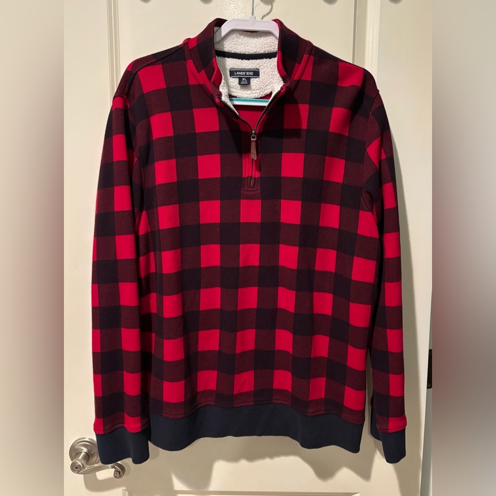Lands' End Sherpa Lined Buffalo Plaid Quarter Zip Pullover Men’s XL
